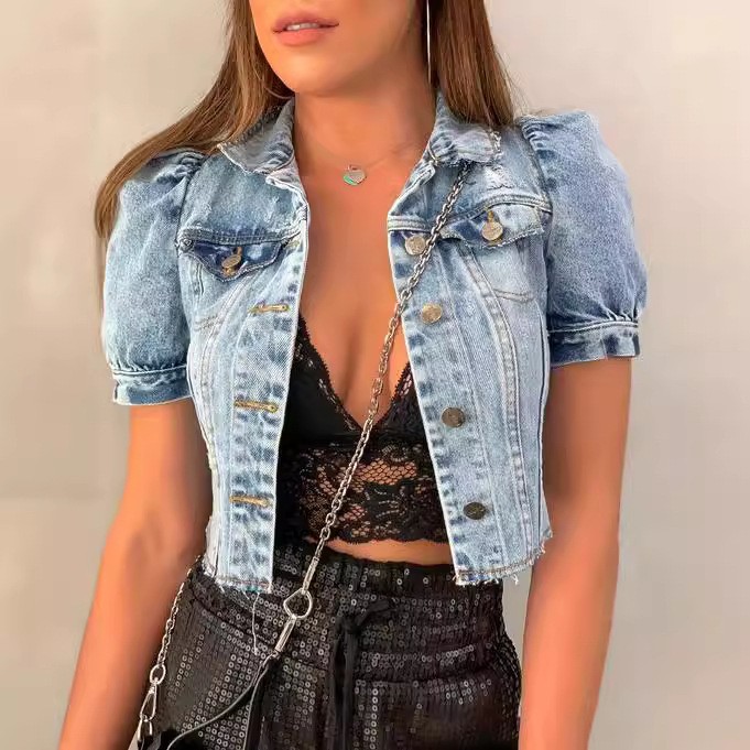 Women Denim Jacket Crop Light  - đánh giá và giá Distressed Jean Rip