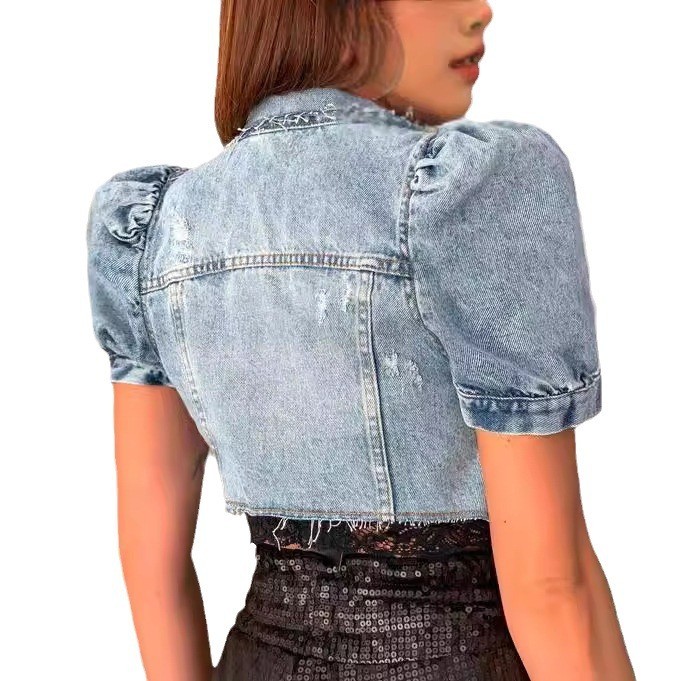 Women Denim Jacket Crop Light  - đánh giá và giá Distressed Jean Rip
