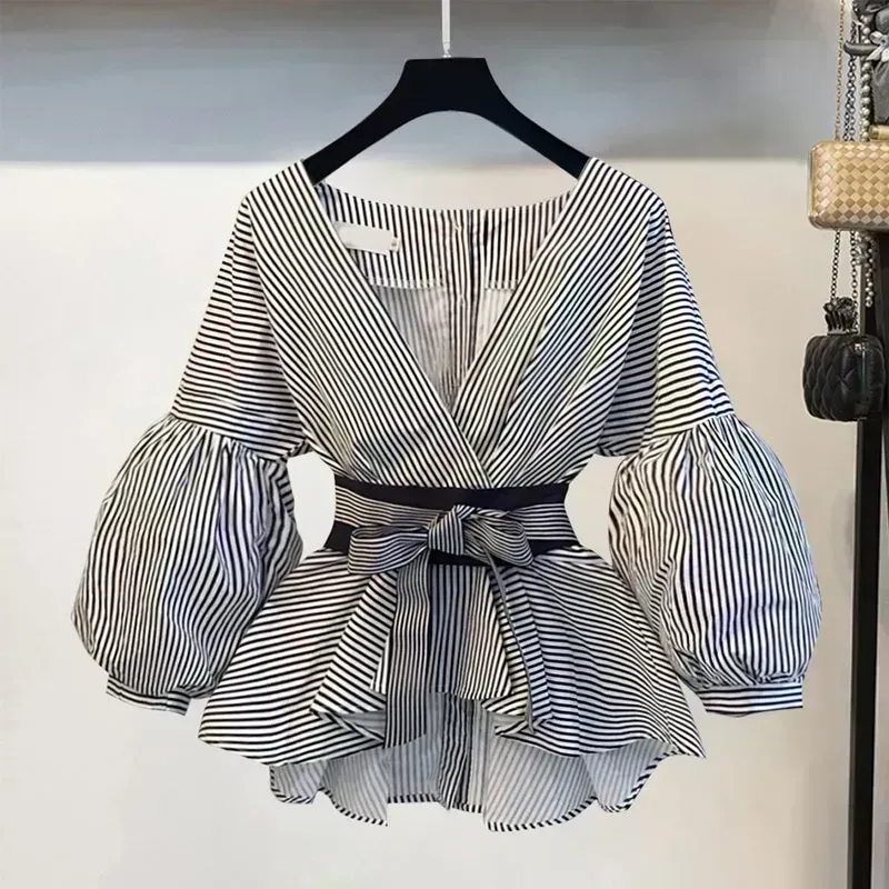 Women Elegant V-Neck Stripe La - đánh giá và giá Street Fashion Korean